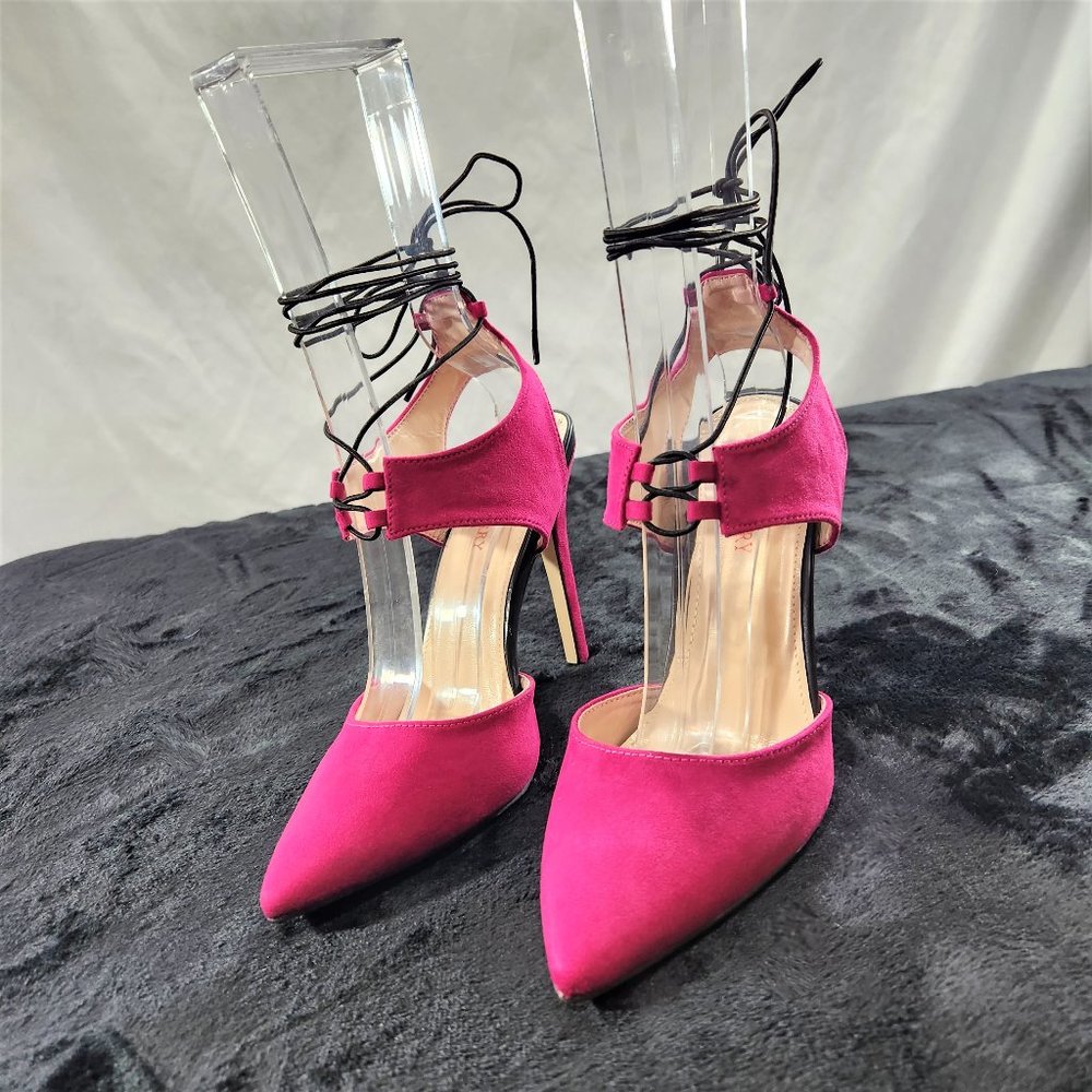 Red Cherry Fuchsia With Black Elastic Wrap Sandals With 4 1/2" Stiletto Heels
